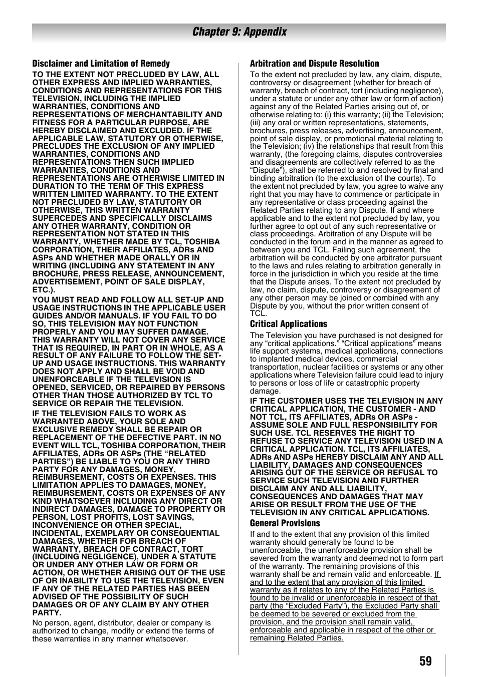 Chapter 9: appendix | Toshiba 32SL410U User Manual | Page 59 / 62