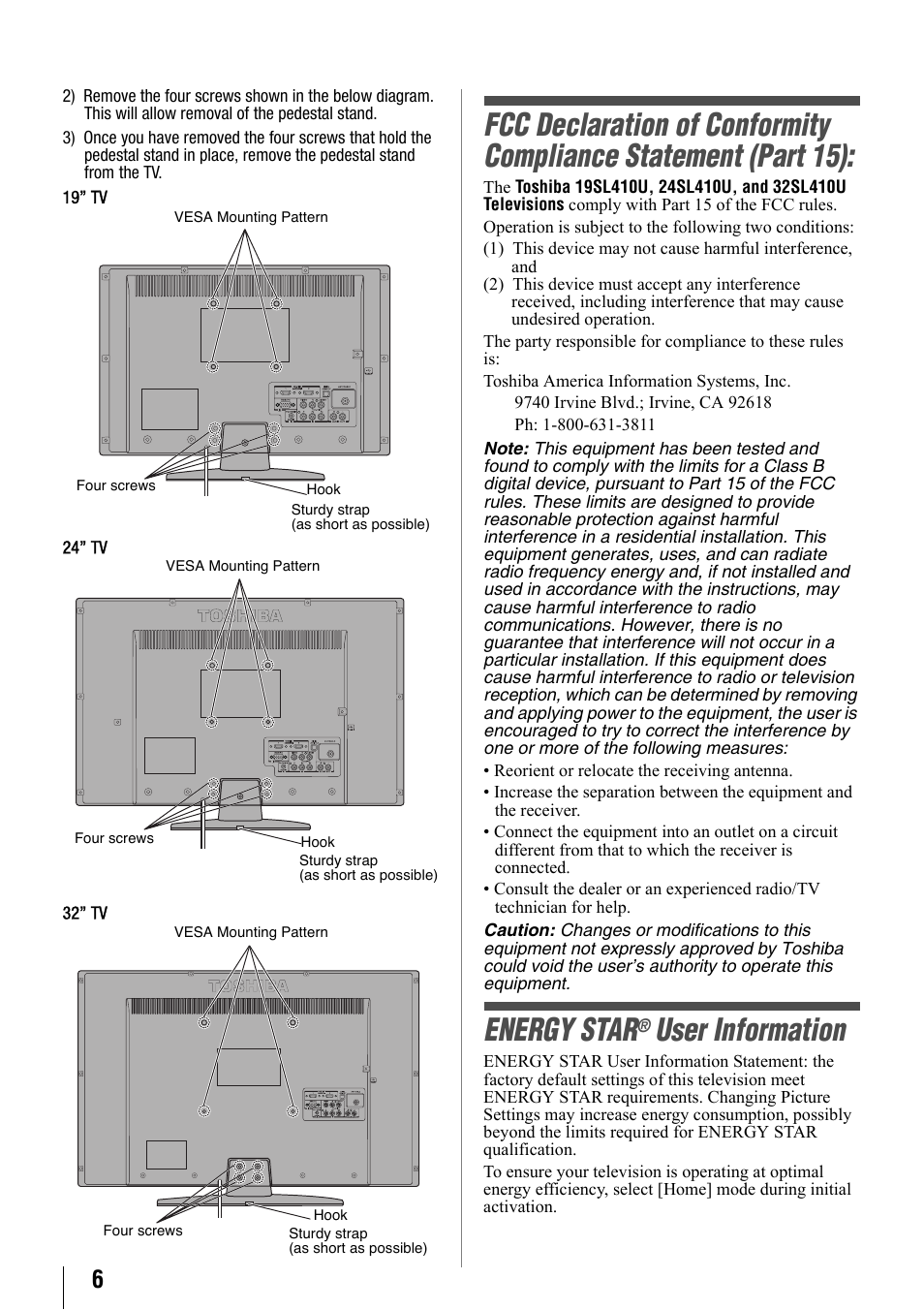 Energy star, User information | Toshiba 32SL410U User Manual | Page 6 / 62