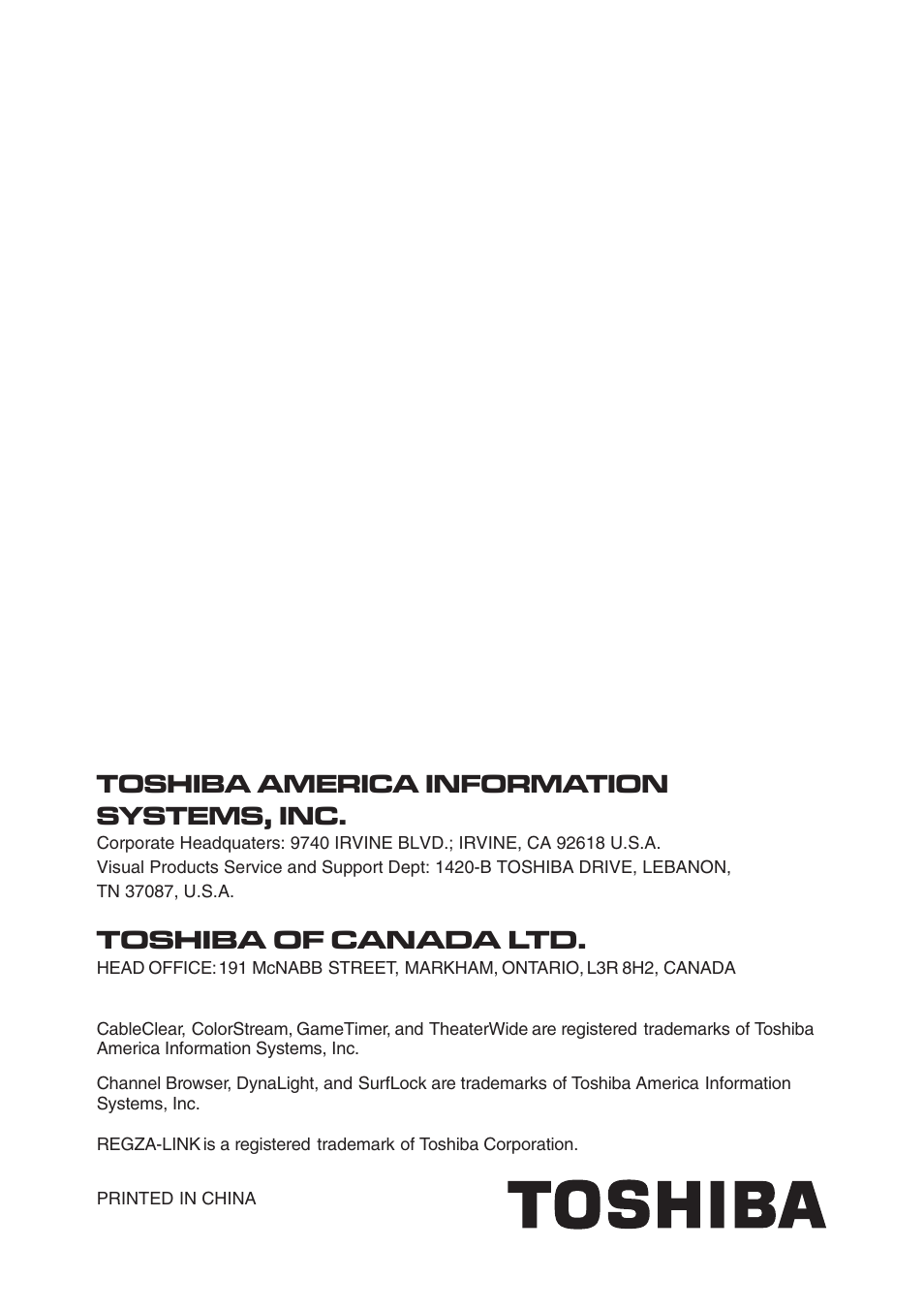 Toshiba of canada ltd, Toshiba america information systems, inc | Toshiba 32SL410U User Manual | Page 62 / 62