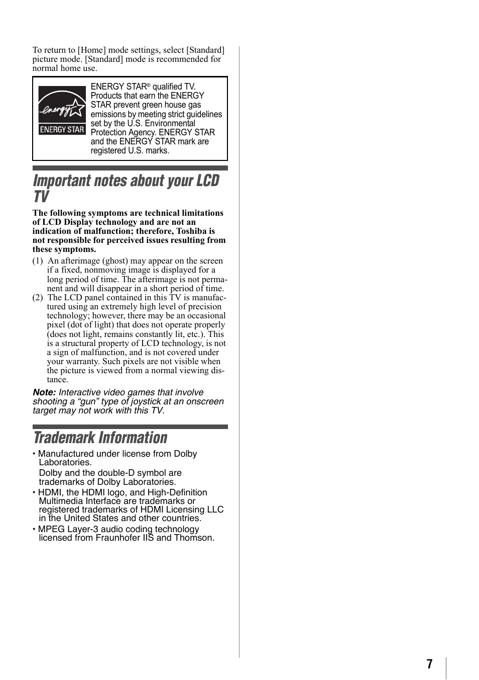 Trademark information | Toshiba 32SL410U User Manual | Page 7 / 62