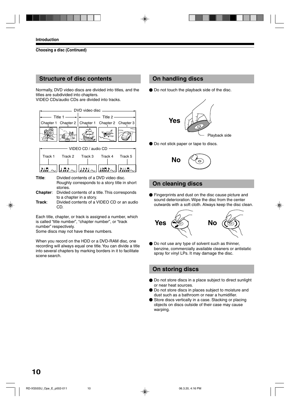 Yes no no, On handling discs, On cleaning discs | On storing discs, Structure of disc contents | Toshiba RD-XS55KU User Manual | Page 10 / 199