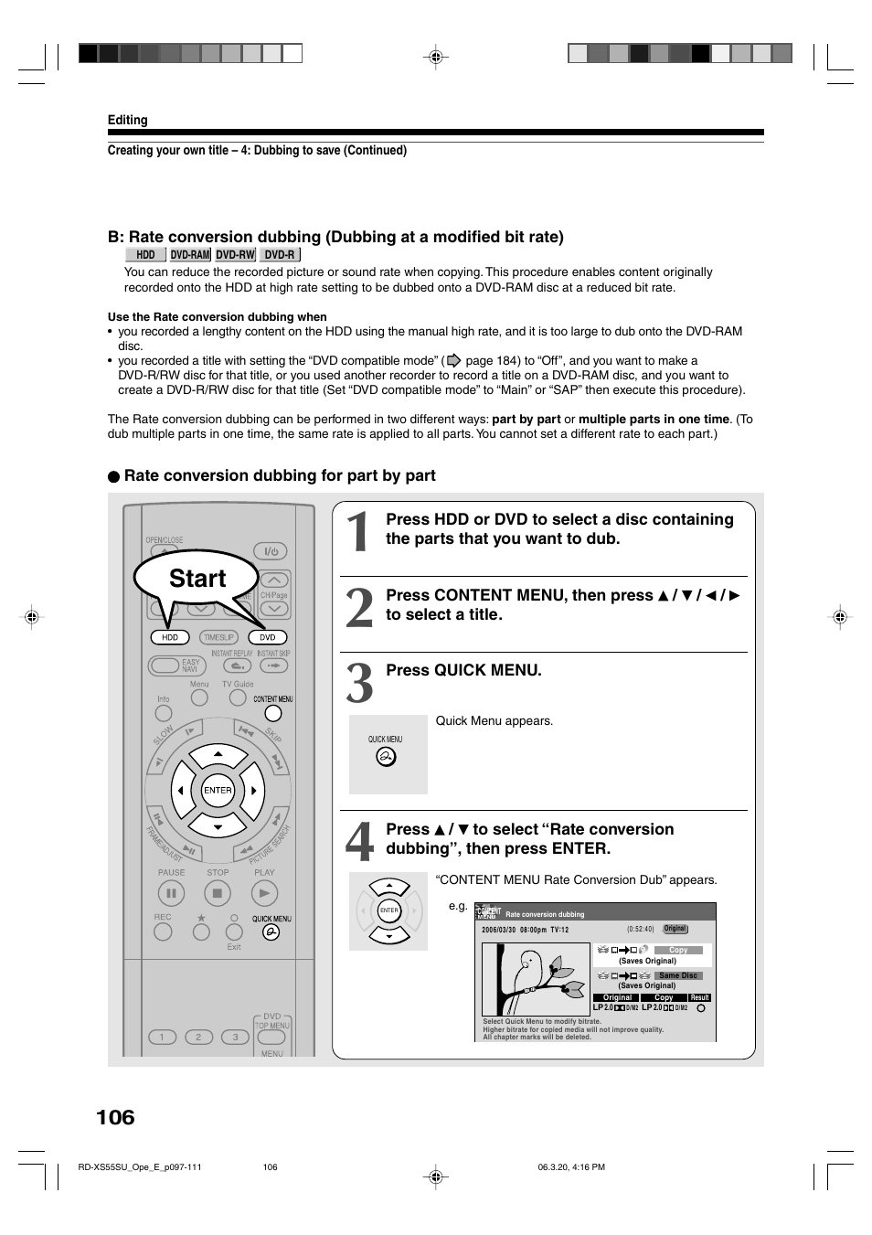 Start | Toshiba RD-XS55KU User Manual | Page 106 / 199