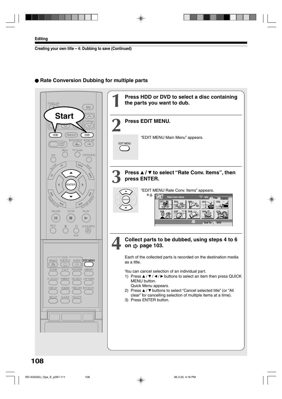 Start | Toshiba RD-XS55KU User Manual | Page 108 / 199