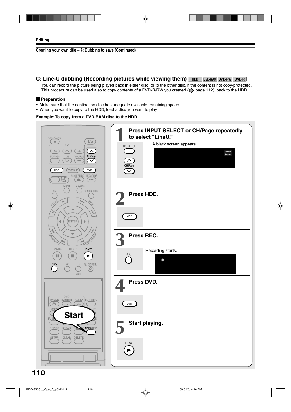 Start | Toshiba RD-XS55KU User Manual | Page 110 / 199