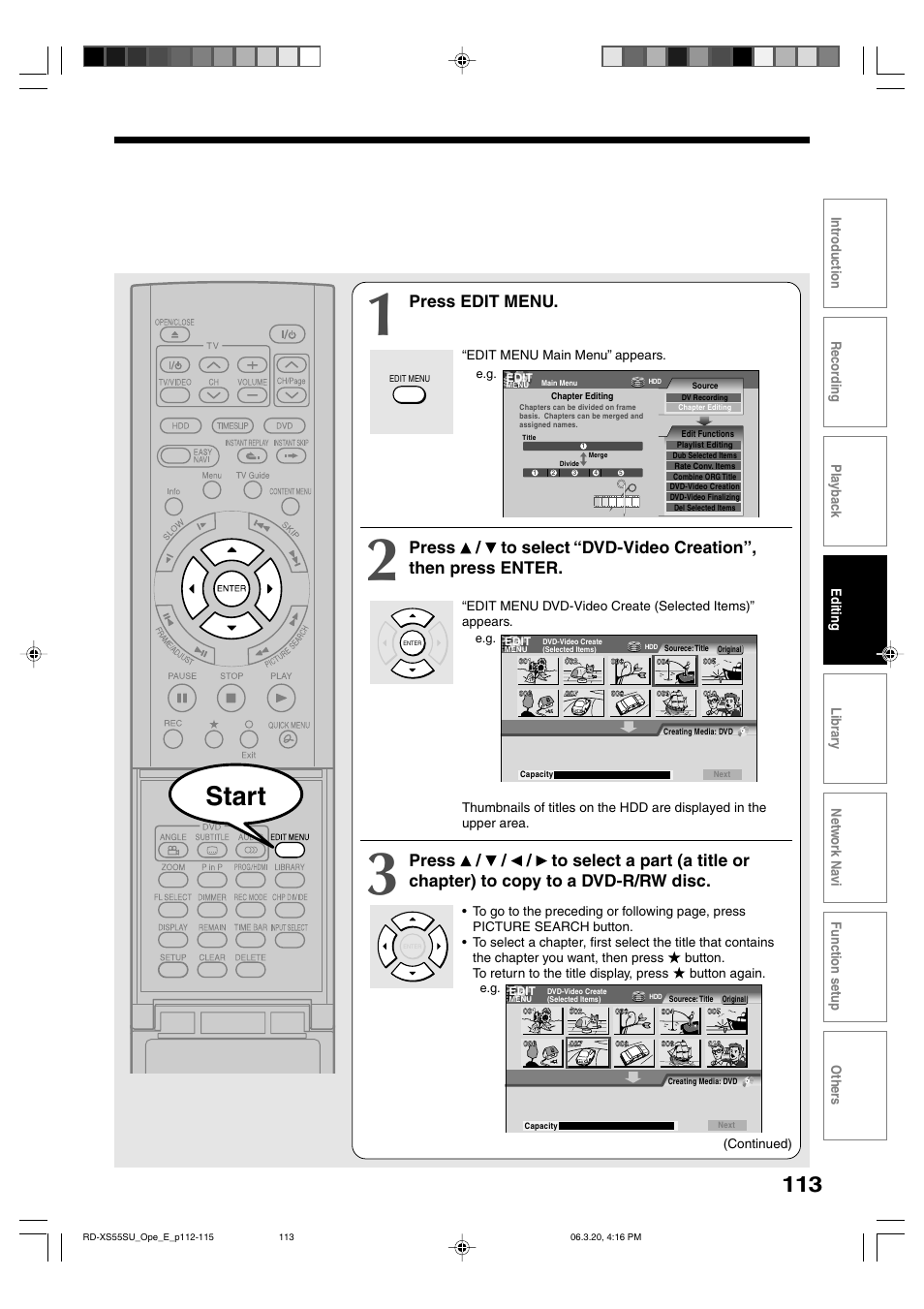 Start, Press edit menu | Toshiba RD-XS55KU User Manual | Page 113 / 199