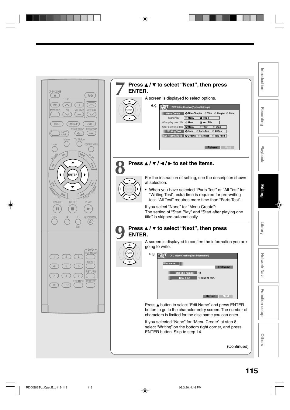 Press / to select “next”, then press enter, Press / / / to set the items | Toshiba RD-XS55KU User Manual | Page 115 / 199