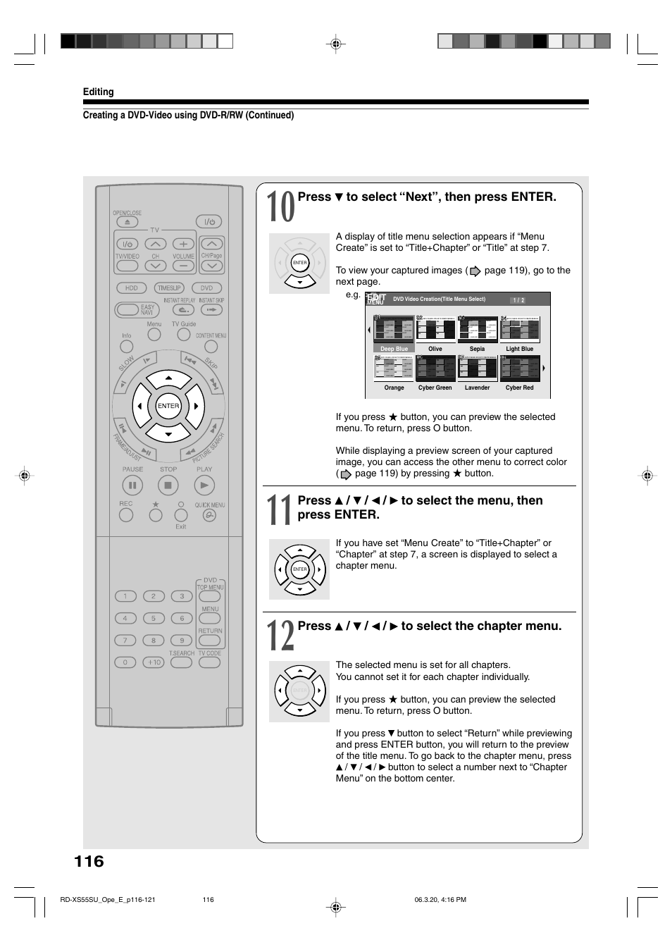 Press to select “next”, then press enter, Press / / / to select the menu, then press enter, Press / / / to select the chapter menu | Toshiba RD-XS55KU User Manual | Page 116 / 199