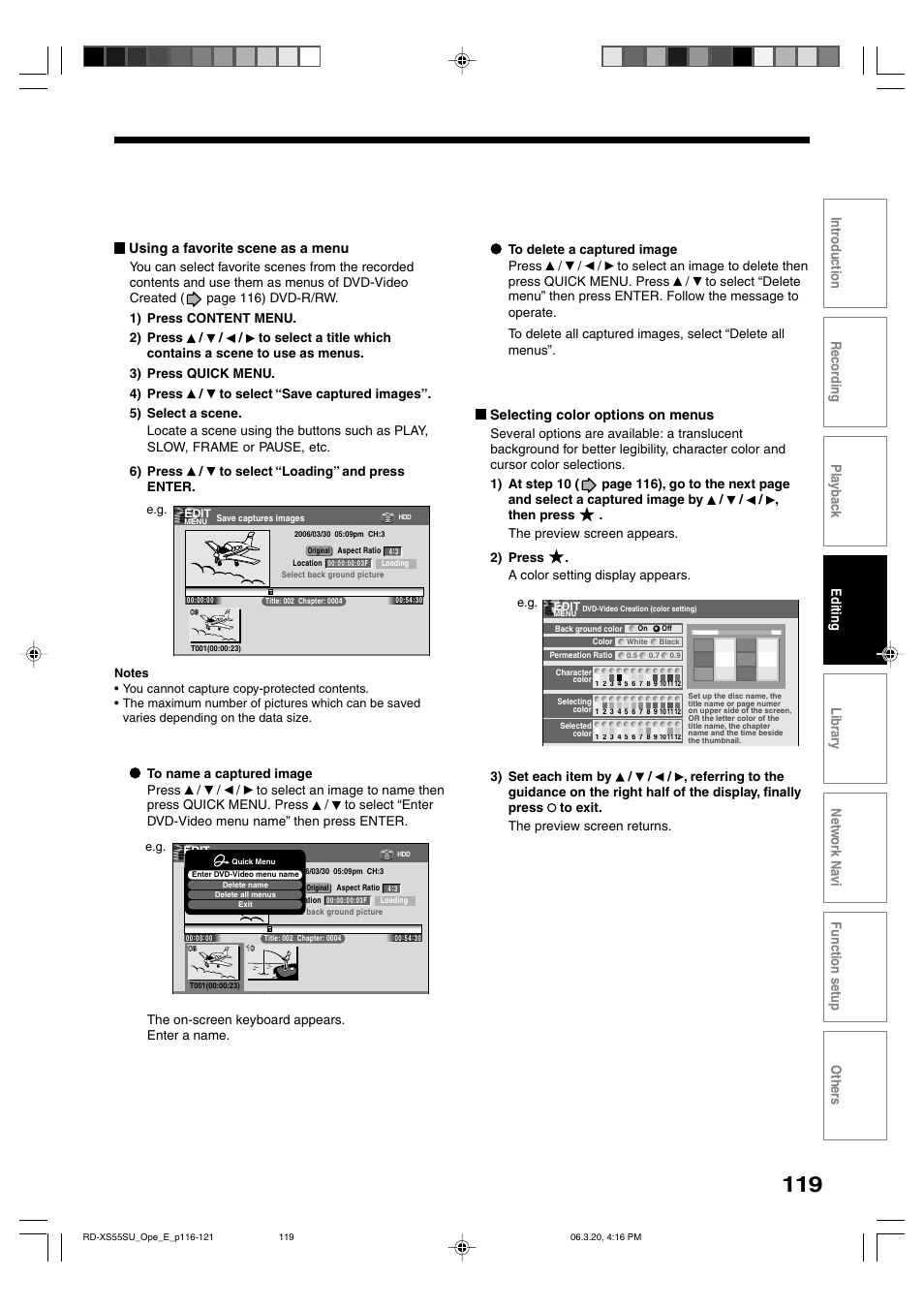 Selecting color options on menus | Toshiba RD-XS55KU User Manual | Page 119 / 199