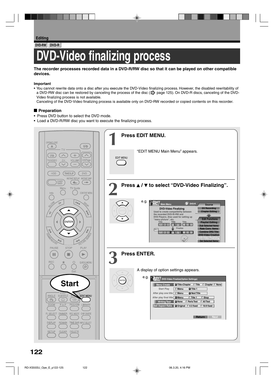 Dvd-video finalizing process, Start, Press edit menu | Press / to select “dvd-video finalizing, Press enter | Toshiba RD-XS55KU User Manual | Page 122 / 199