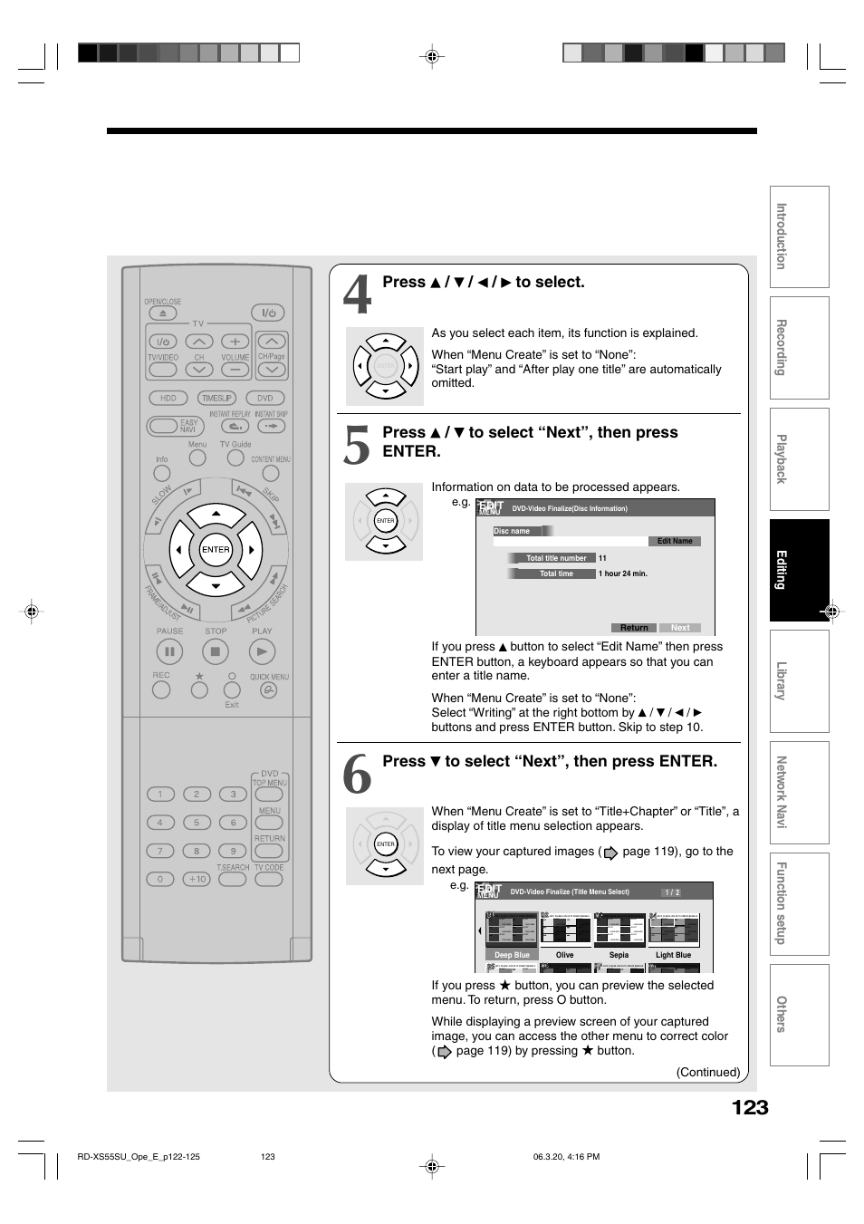 Press / / / to select, Press / to select “next”, then press enter, Press to select “next”, then press enter | Toshiba RD-XS55KU User Manual | Page 123 / 199