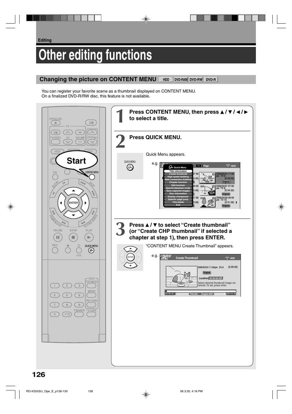 Other editing functions, Start, Changing the picture on content menu | Press quick menu | Toshiba RD-XS55KU User Manual | Page 126 / 199