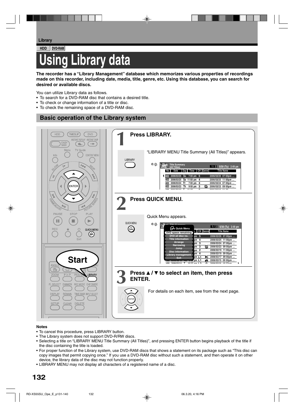 Using library data, Start, Basic operation of the library system | Press library, Press quick menu, Press / to select an item, then press enter, Library | Toshiba RD-XS55KU User Manual | Page 132 / 199