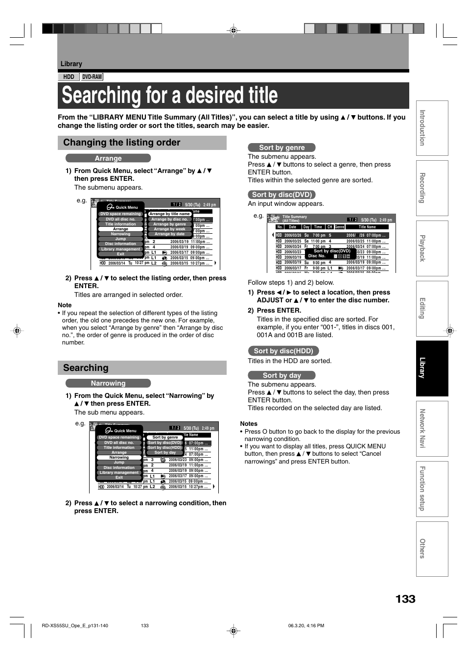 Searching for a desired title, Changing the listing order, Searching | Arrange, Narrowing, Sort by genre, Sort by disc(dvd), Sort by disc(hdd), Sort by day, Titles in the hdd are sorted | Toshiba RD-XS55KU User Manual | Page 133 / 199