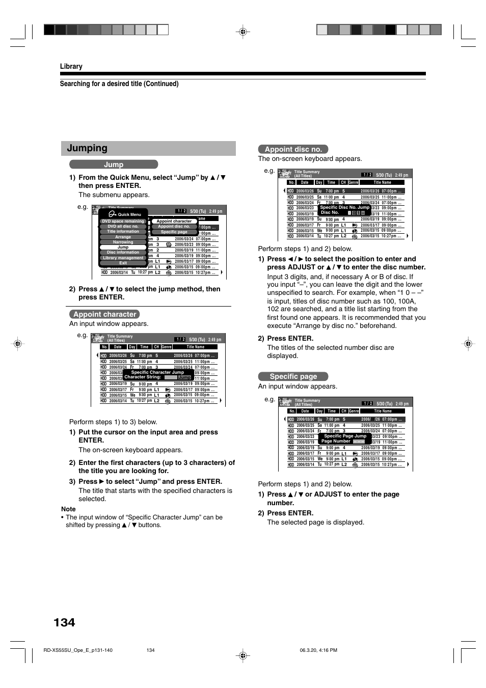 Jumping, Searching for a desired title (continued) library, Jump | Appoint character, Appoint disc no, Specific page | Toshiba RD-XS55KU User Manual | Page 134 / 199