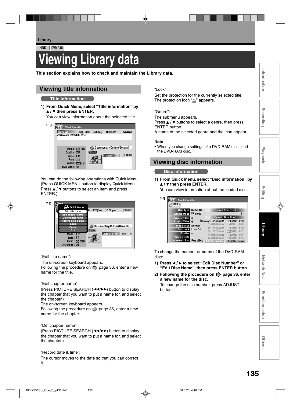 Viewing library data, Viewing title information, Viewing disc information | Library, Title information, Disc information | Toshiba RD-XS55KU User Manual | Page 135 / 199
