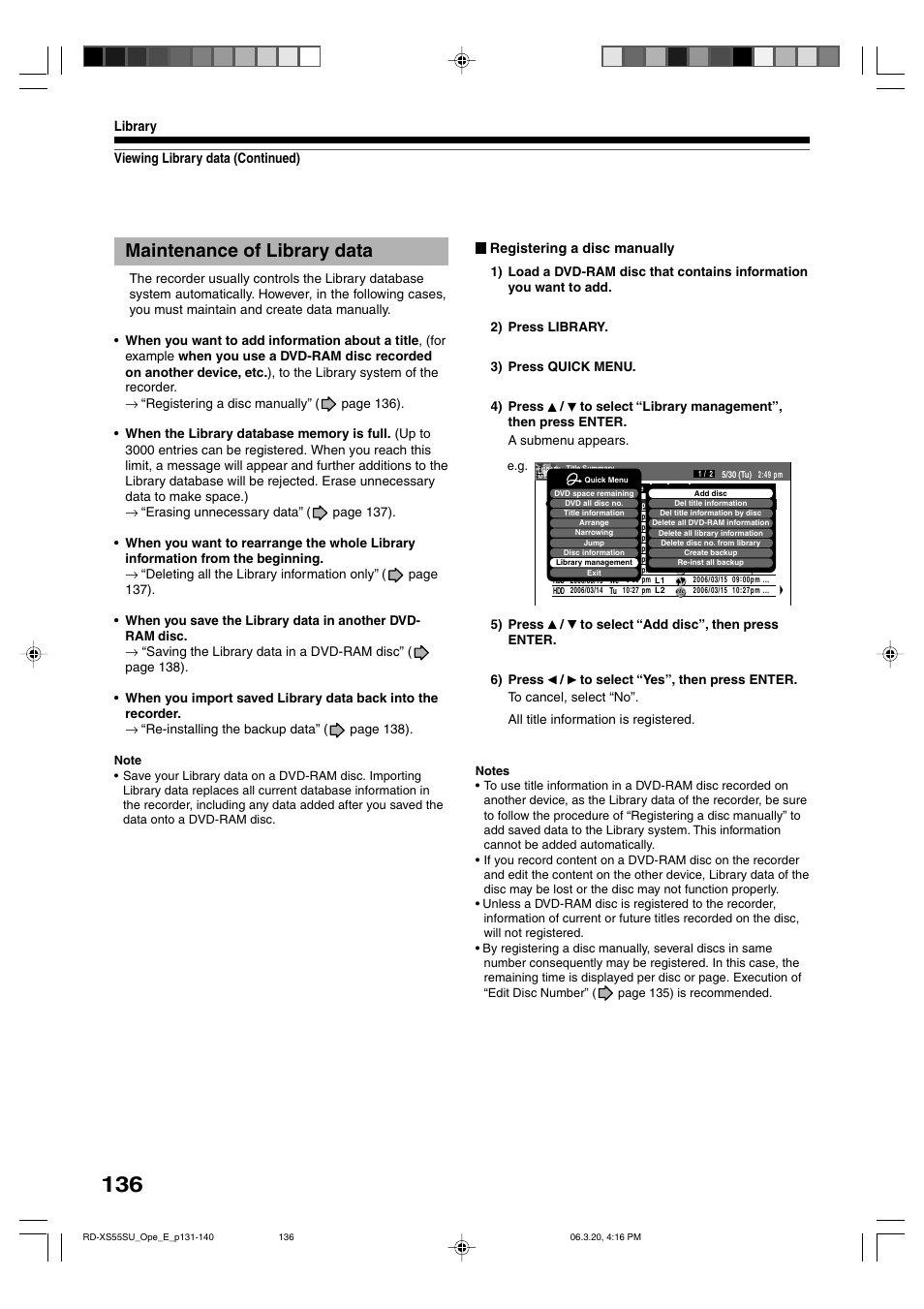 Maintenance of library data, Viewing library data (continued) library, Registering a disc manually | Toshiba RD-XS55KU User Manual | Page 136 / 199