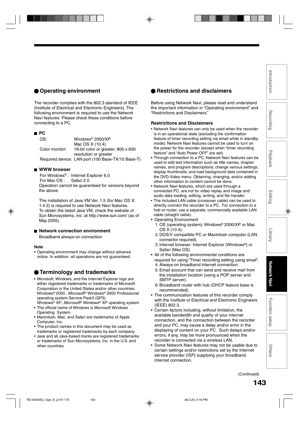 Operating environment, Terminology and trademarks, Restrictions and disclaimers | Toshiba RD-XS55KU User Manual | Page 143 / 199