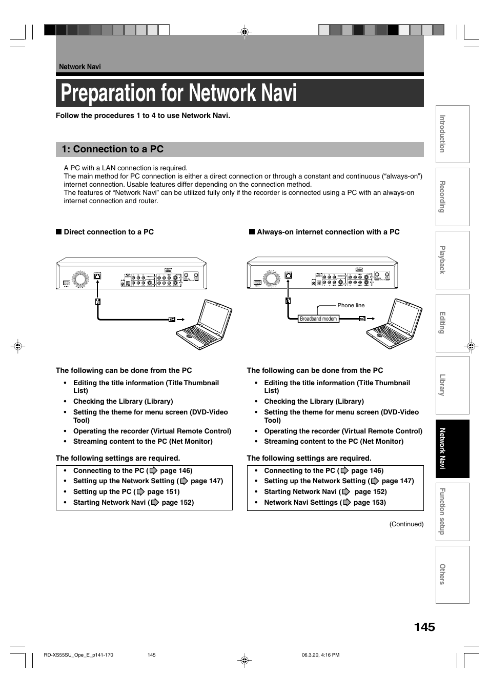 Preparation for network navi, Connection to a pc | Toshiba RD-XS55KU User Manual | Page 145 / 199