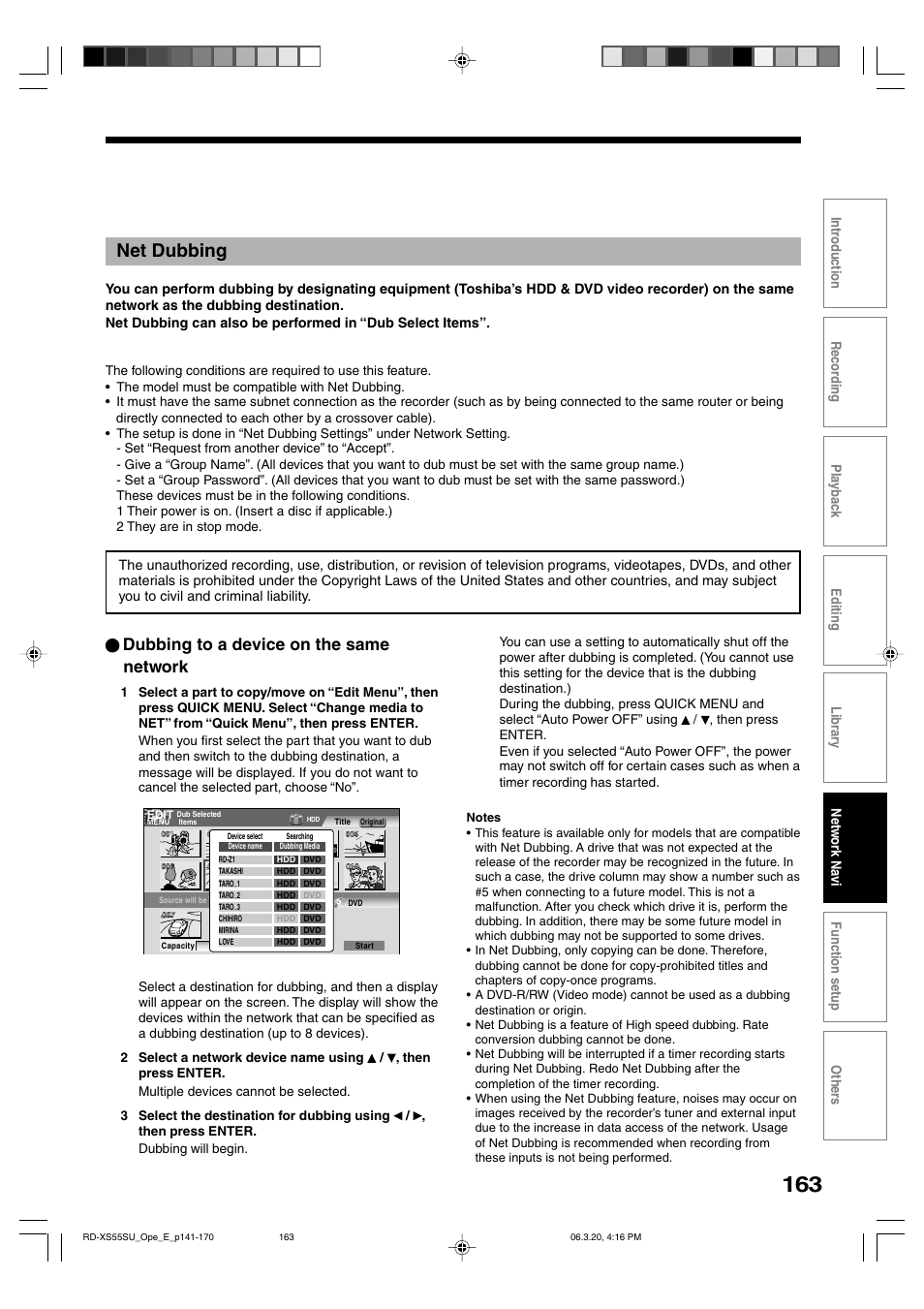 Net dubbing, Dubbing to a device on the same network | Toshiba RD-XS55KU User Manual | Page 163 / 199