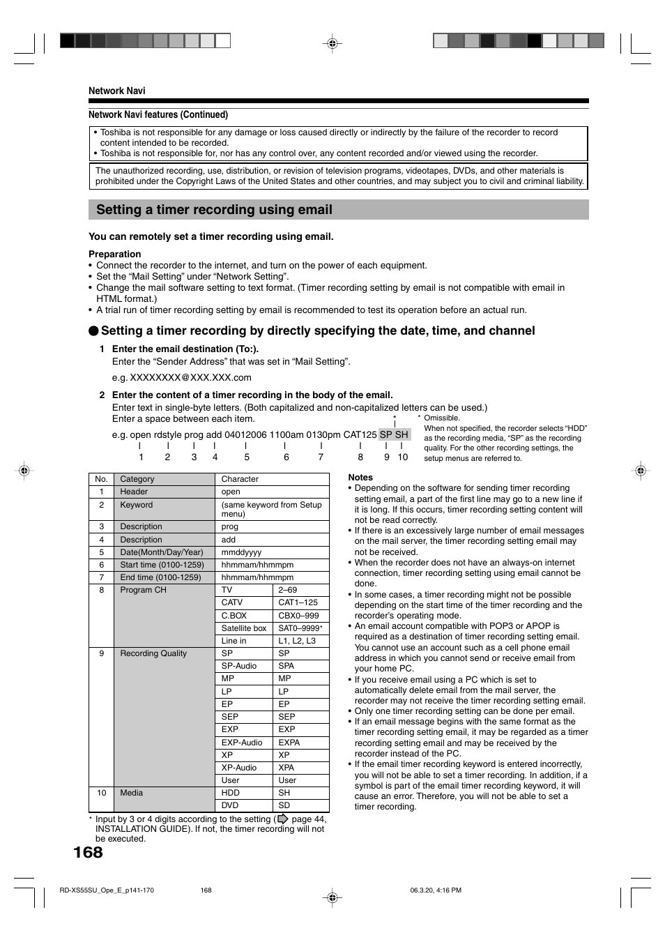 Setting a timer recording using email | Toshiba RD-XS55KU User Manual | Page 168 / 199