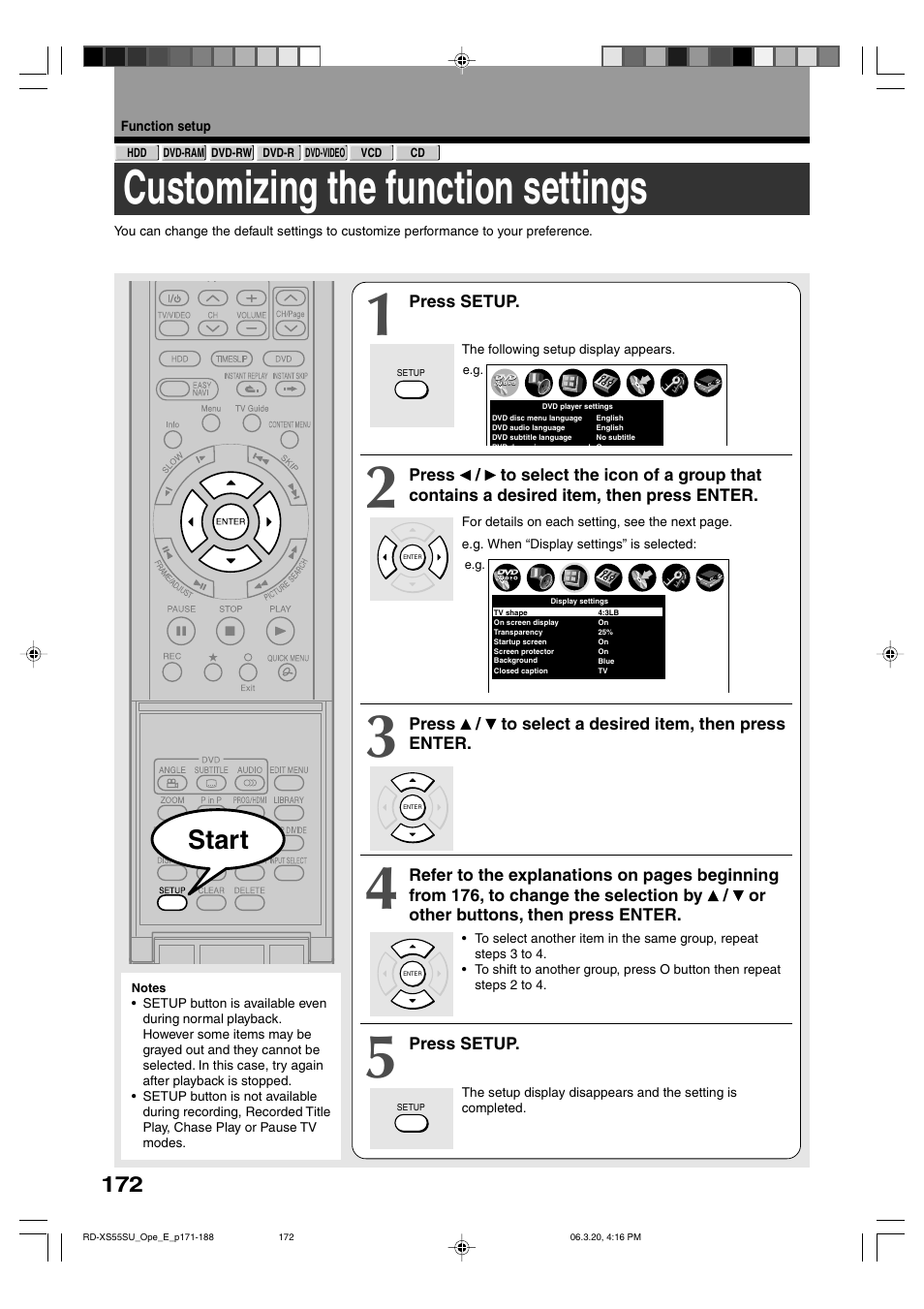 Customizing the function settings, Start | Toshiba RD-XS55KU User Manual | Page 172 / 199