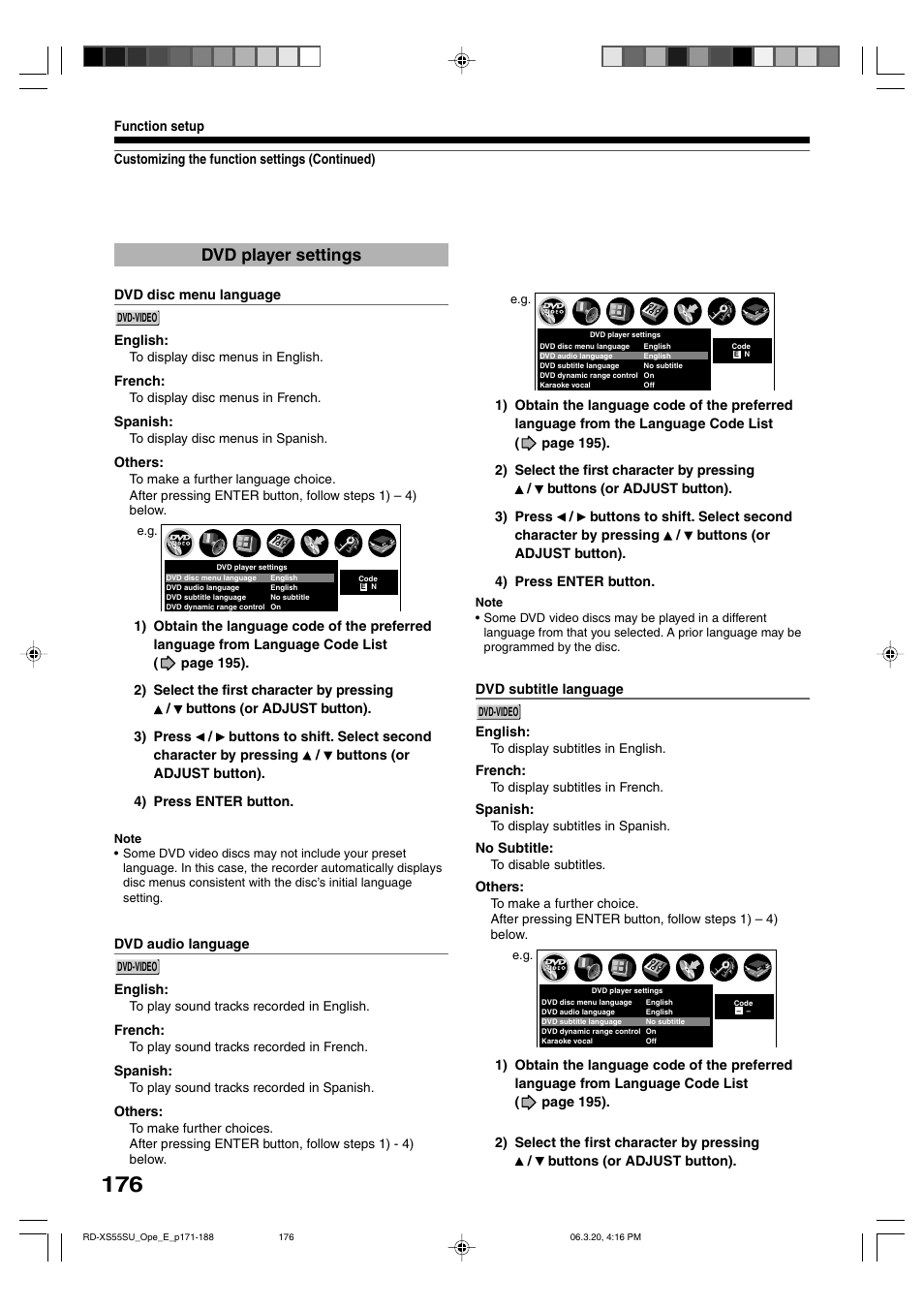 Dvd player settings | Toshiba RD-XS55KU User Manual | Page 176 / 199