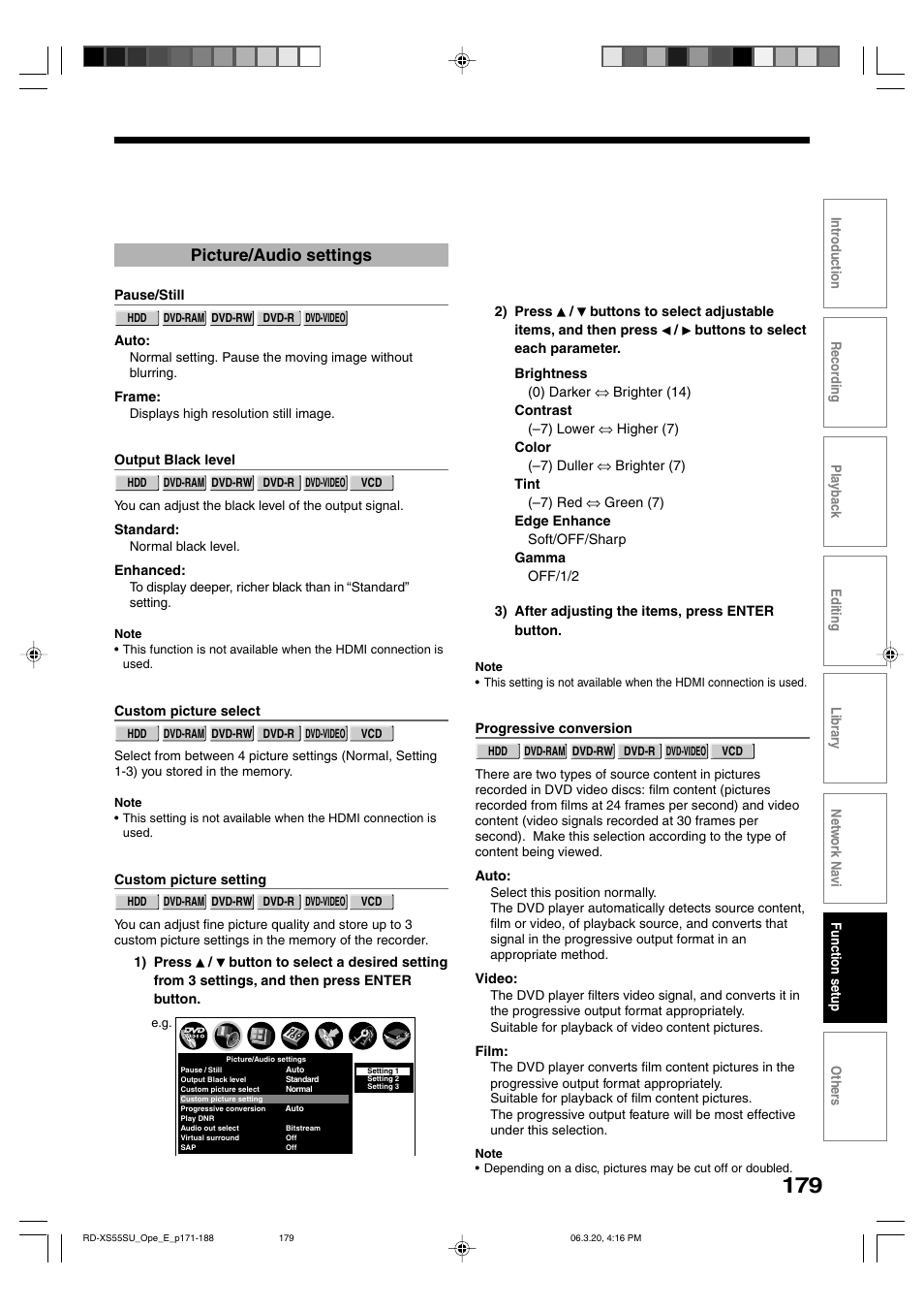 Picture/audio settings | Toshiba RD-XS55KU User Manual | Page 179 / 199