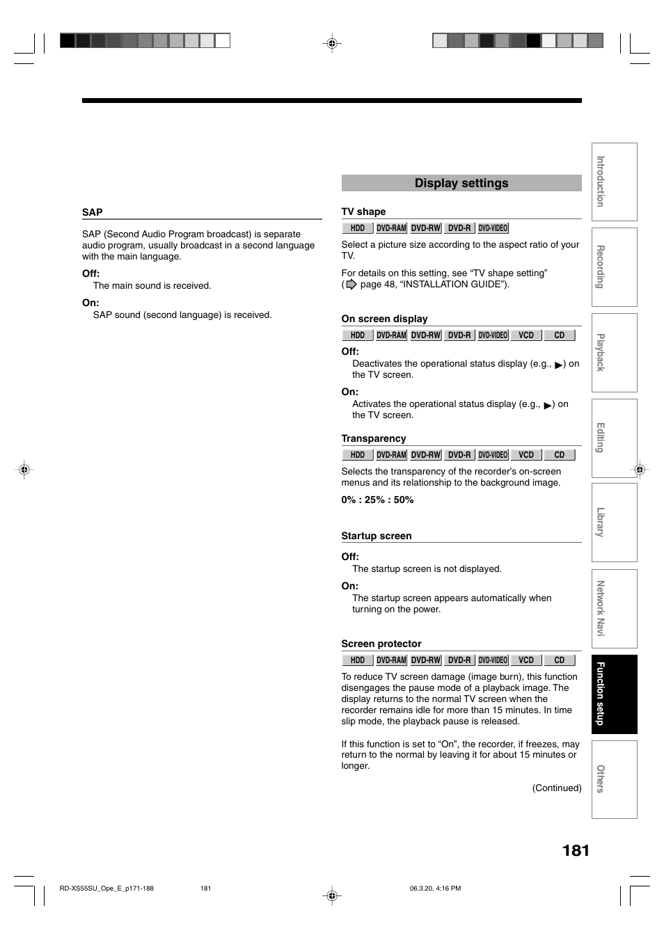 Display settings | Toshiba RD-XS55KU User Manual | Page 181 / 199