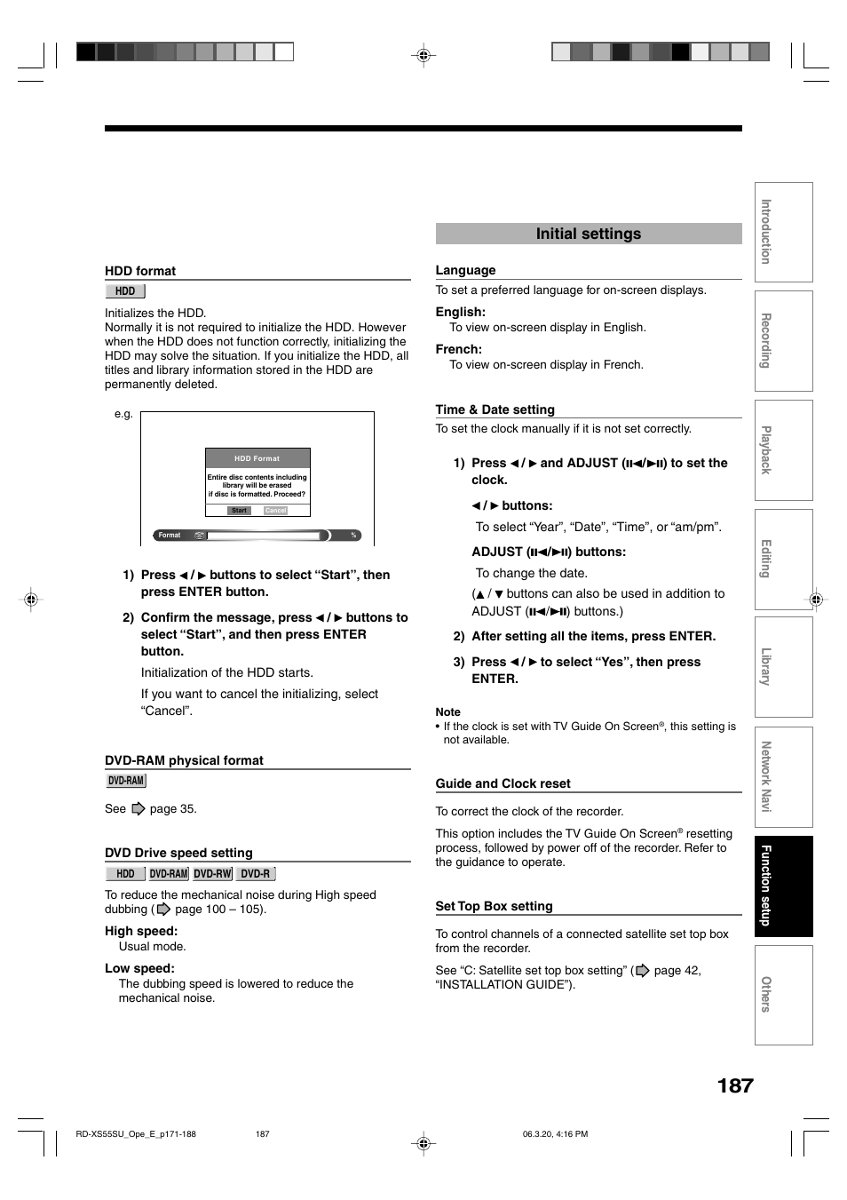 Initial settings | Toshiba RD-XS55KU User Manual | Page 187 / 199