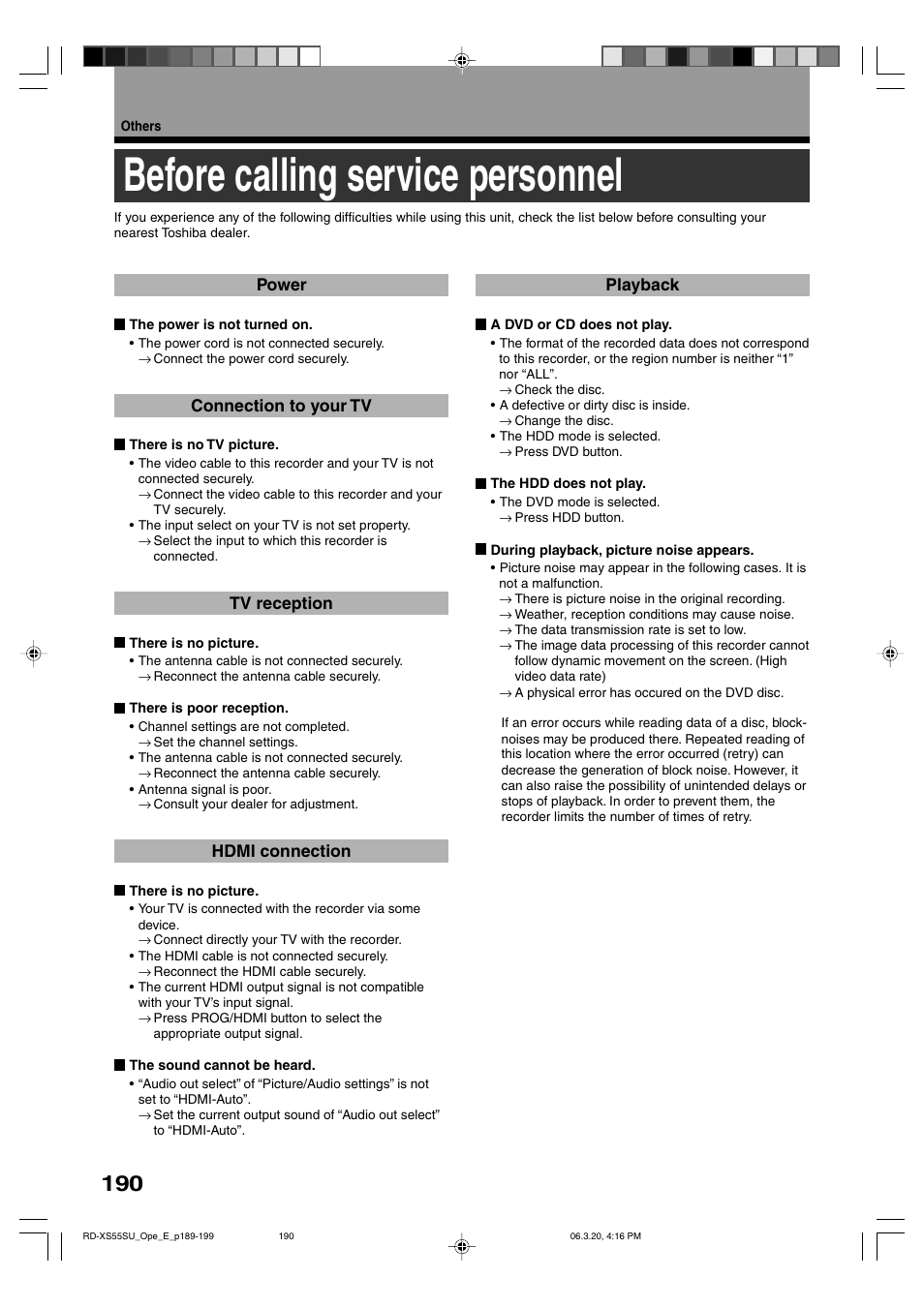 Before calling service personnel | Toshiba RD-XS55KU User Manual | Page 190 / 199