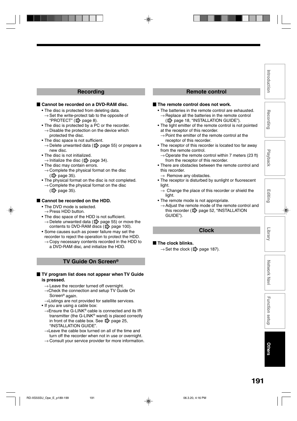 Recording, Tv guide on screen, Remote control | Clock | Toshiba RD-XS55KU User Manual | Page 191 / 199