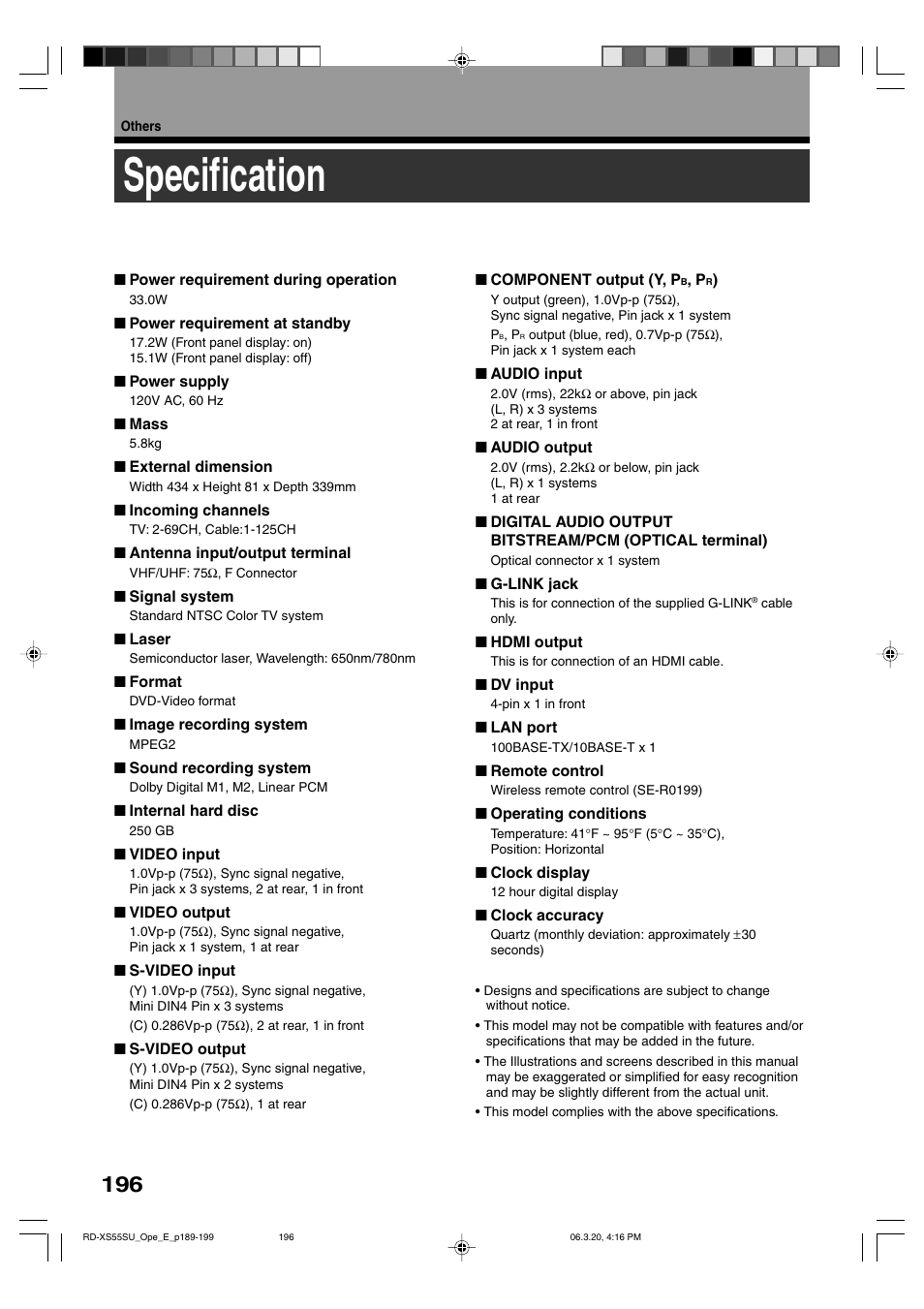 Specification | Toshiba RD-XS55KU User Manual | Page 196 / 199