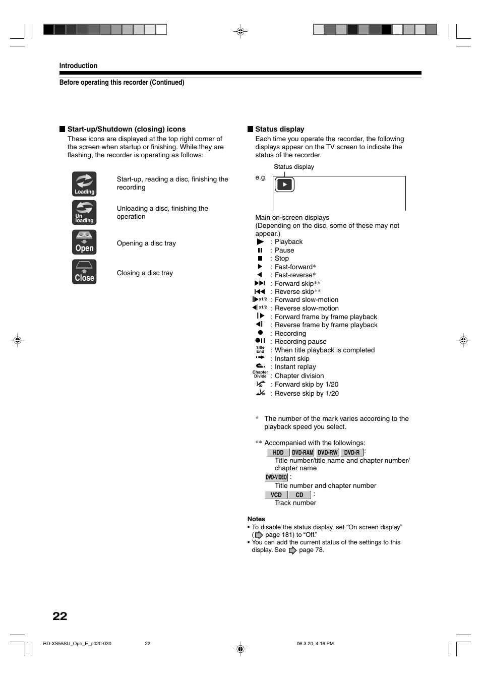 Open, Close | Toshiba RD-XS55KU User Manual | Page 22 / 199