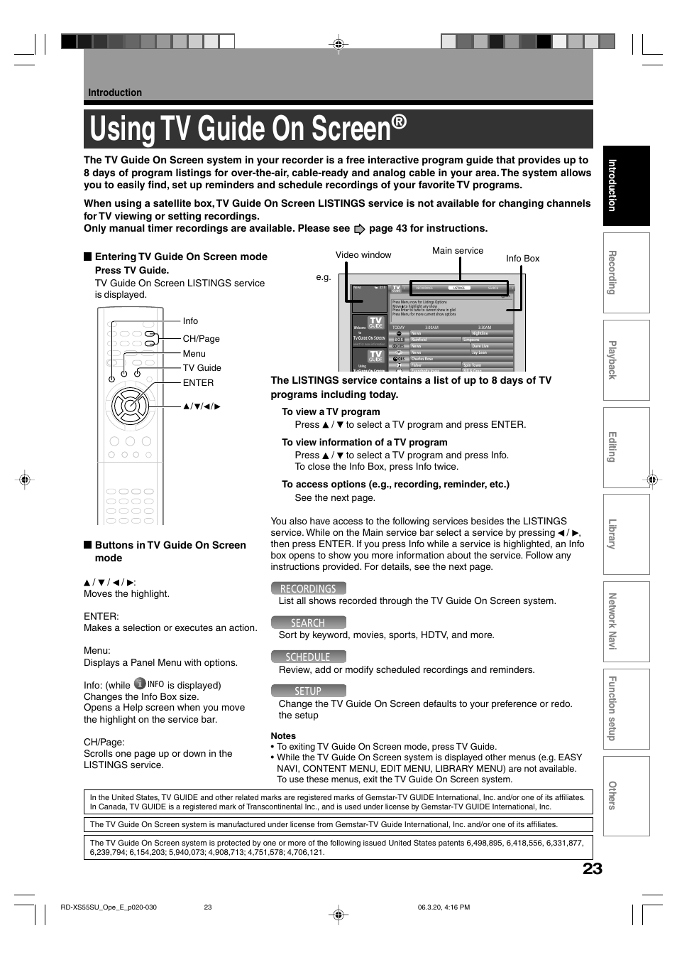 Using tv guide on screen, Recordings, Search | Schedule, Setup, Buttons in tv guide on screen mode | Toshiba RD-XS55KU User Manual | Page 23 / 199