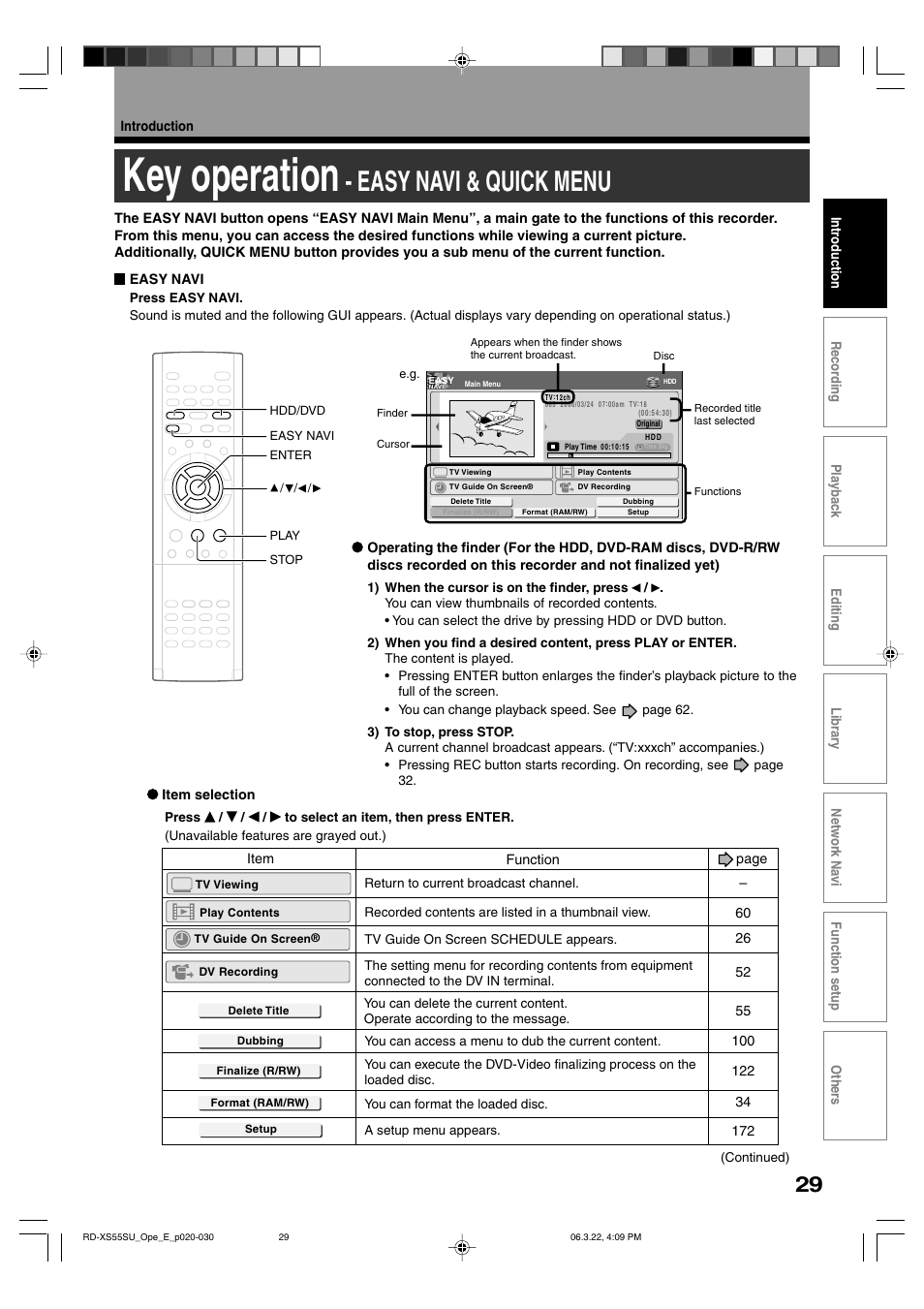 Key operation, Easy navi & quick menu | Toshiba RD-XS55KU User Manual | Page 29 / 199