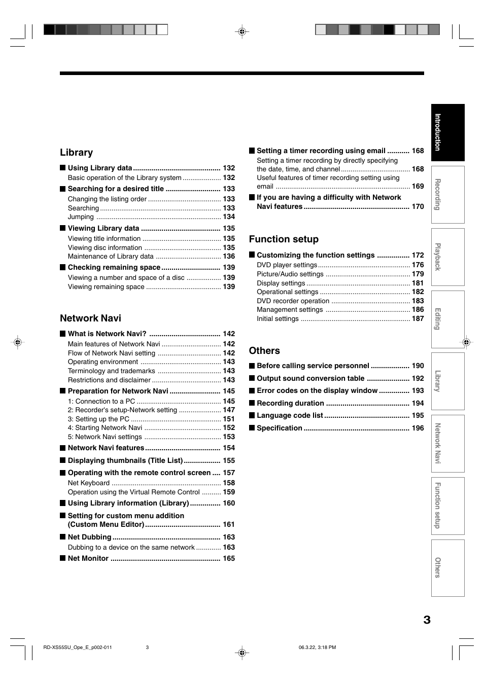 Library, Network navi, Function setup | Others | Toshiba RD-XS55KU User Manual | Page 3 / 199