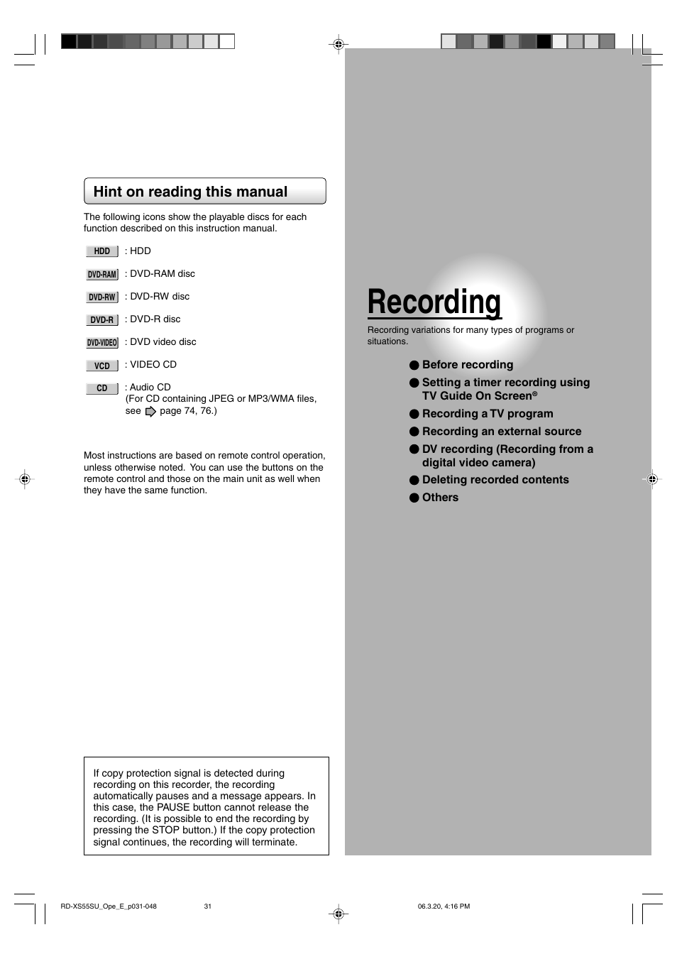 Recording, Hint on reading this manual | Toshiba RD-XS55KU User Manual | Page 31 / 199