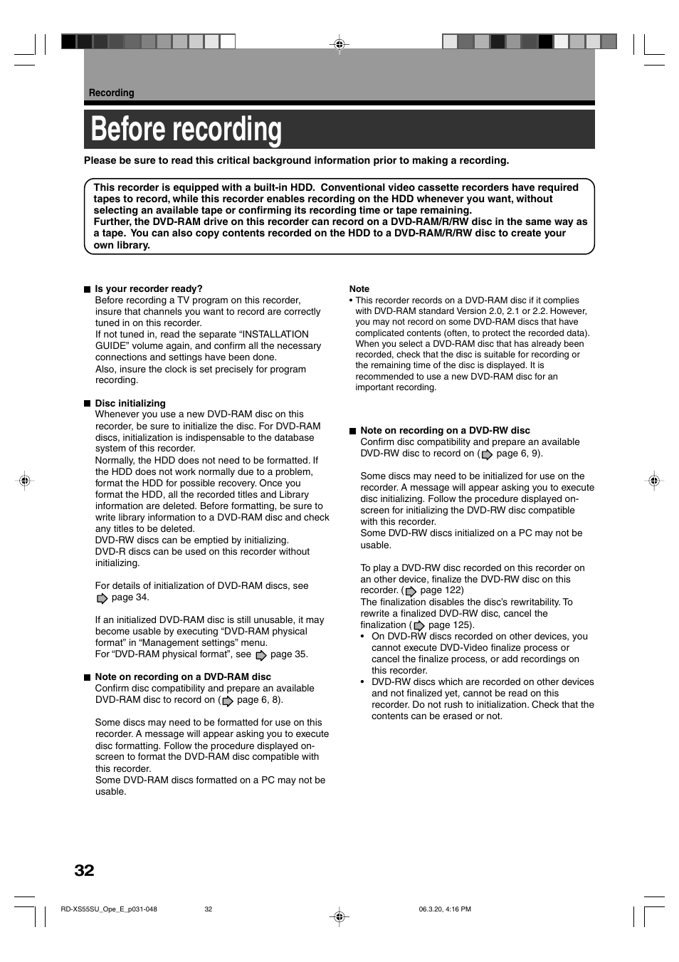 Before recording | Toshiba RD-XS55KU User Manual | Page 32 / 199