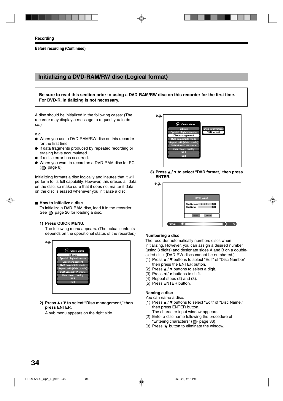 Initializing a dvd-ram/rw disc (logical format) | Toshiba RD-XS55KU User Manual | Page 34 / 199