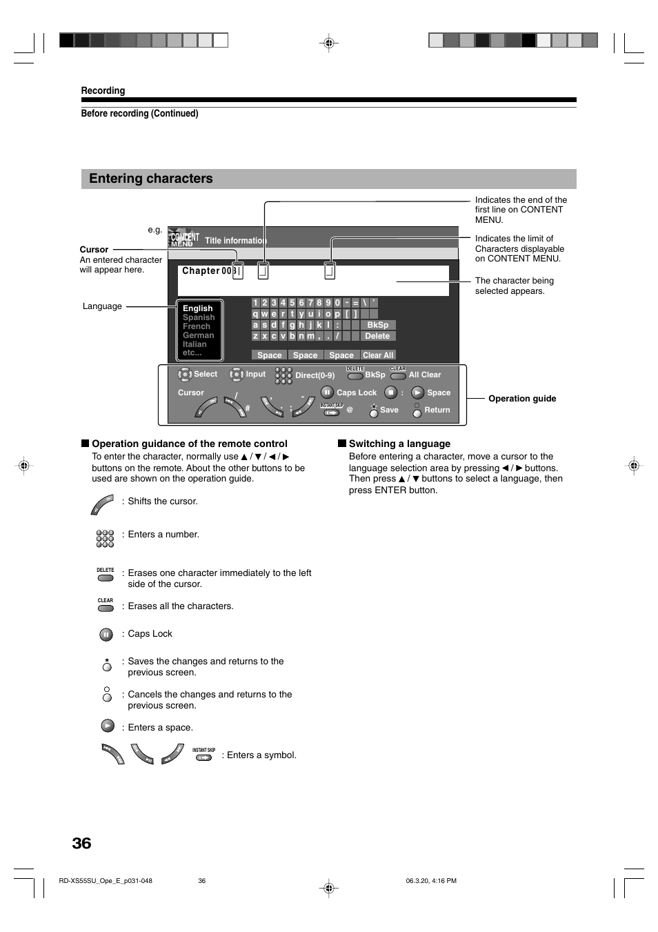 Entering characters | Toshiba RD-XS55KU User Manual | Page 36 / 199