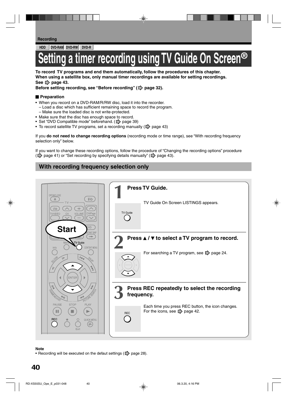 Setting a timer recording using tv guide on screen, Start | Toshiba RD-XS55KU User Manual | Page 40 / 199