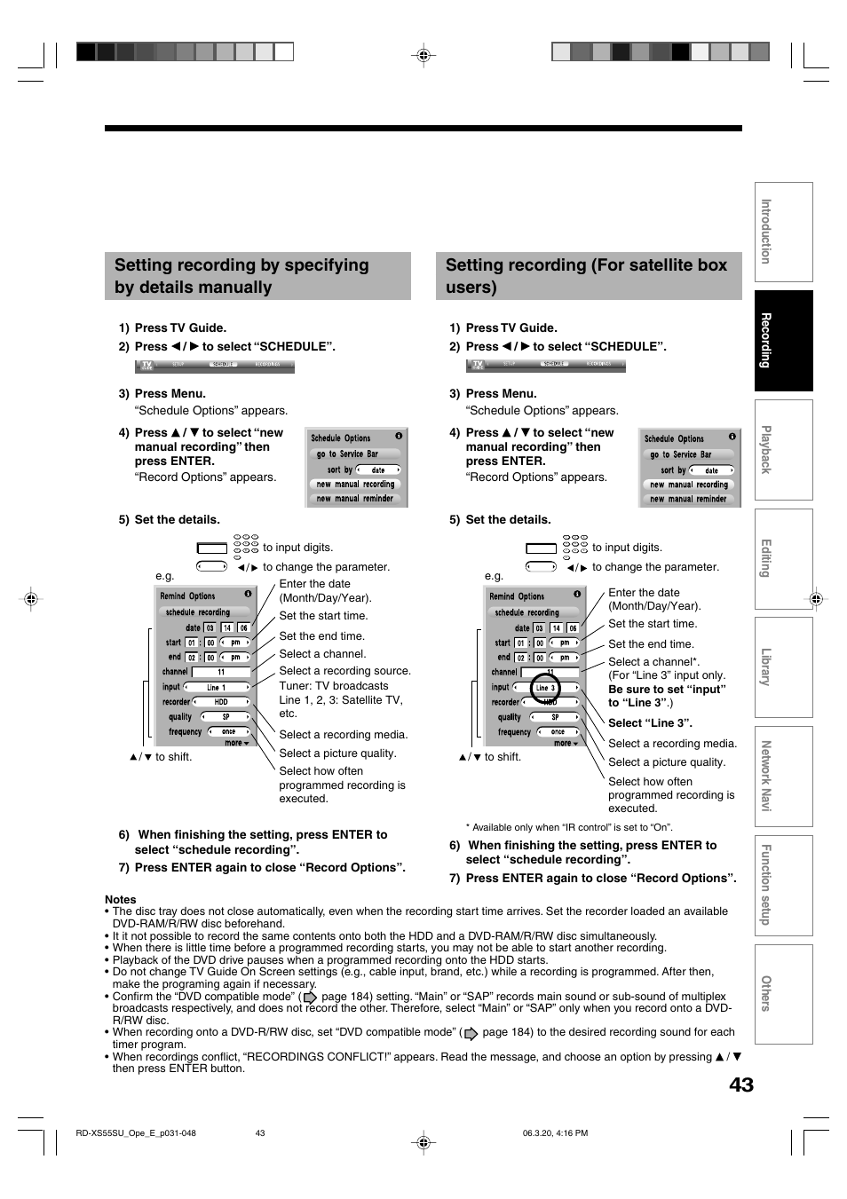 Setting recording (for satellite box users) | Toshiba RD-XS55KU User Manual | Page 43 / 199
