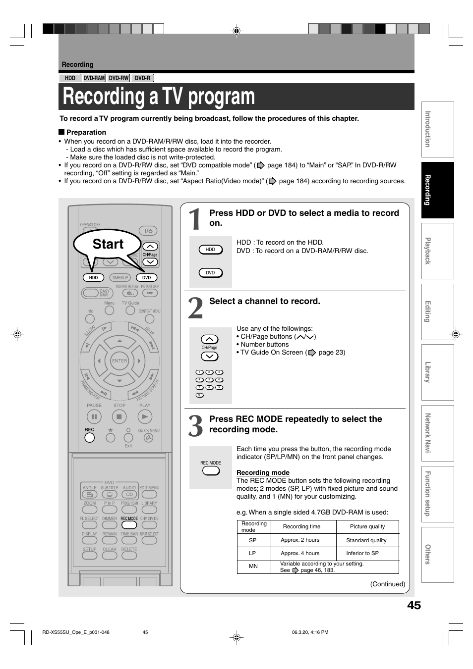 Recording a tv program, Start | Toshiba RD-XS55KU User Manual | Page 45 / 199