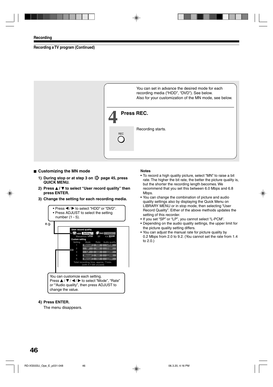 Press rec, Recording a tv program (continued) recording, Customizing the mn mode | Toshiba RD-XS55KU User Manual | Page 46 / 199