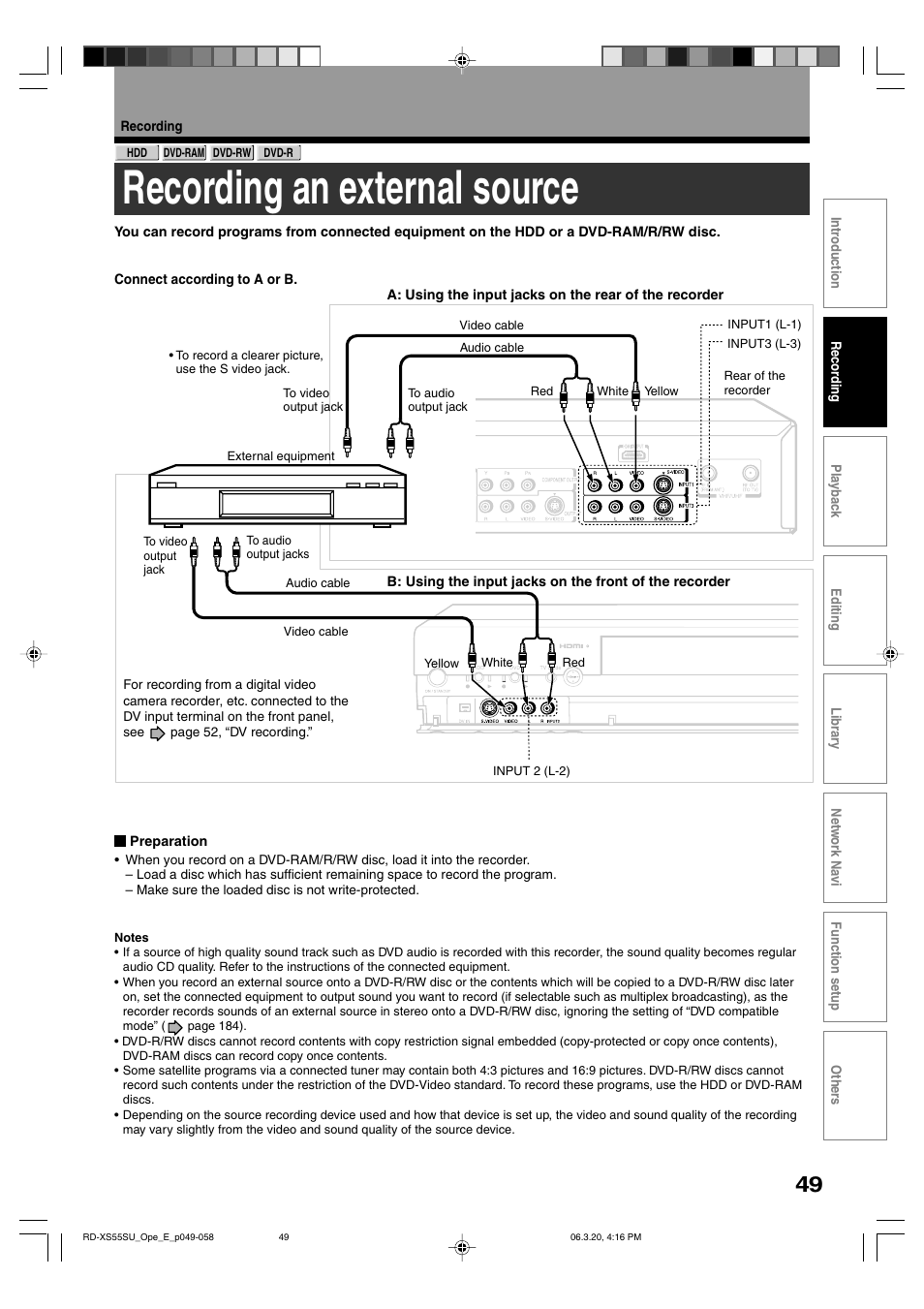 Recording an external source | Toshiba RD-XS55KU User Manual | Page 49 / 199