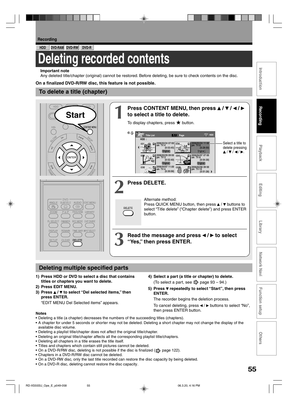 Deleting recorded contents, Start, Deleting multiple specified parts | Toshiba RD-XS55KU User Manual | Page 55 / 199