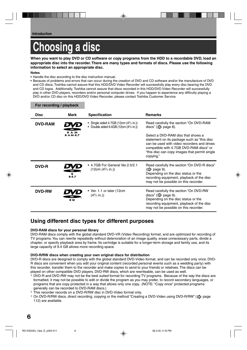 Choosing a disc, Using different disc types for different purposes | Toshiba RD-XS55KU User Manual | Page 6 / 199