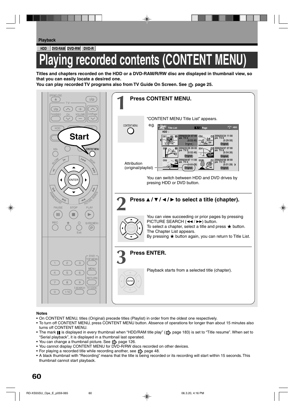 Playing recorded contents (content menu), Start, Press content menu | Press / / / to select a title (chapter), Press enter | Toshiba RD-XS55KU User Manual | Page 60 / 199