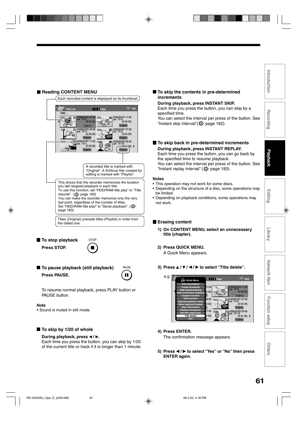 Erasing content, Reading content menu | Toshiba RD-XS55KU User Manual | Page 61 / 199