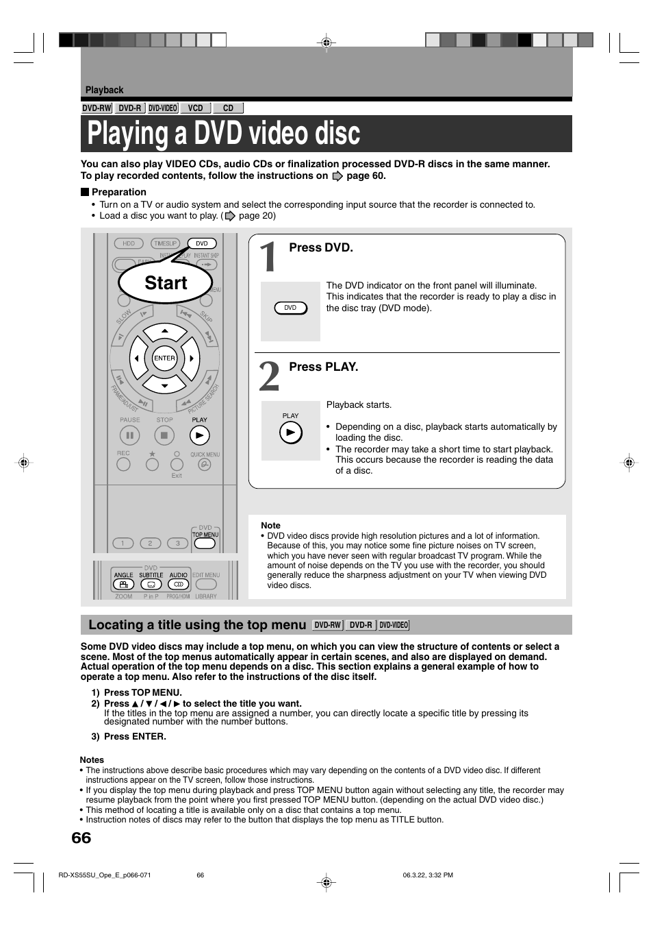 Playing a dvd video disc, Start | Toshiba RD-XS55KU User Manual | Page 66 / 199